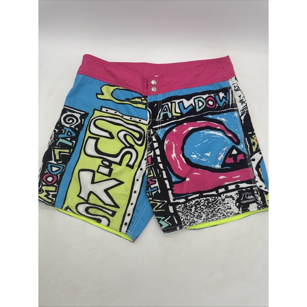 VINTAGE Quiksilver Board Shorts Mens 34 Multicolor 80s Surf Graphic Trunks